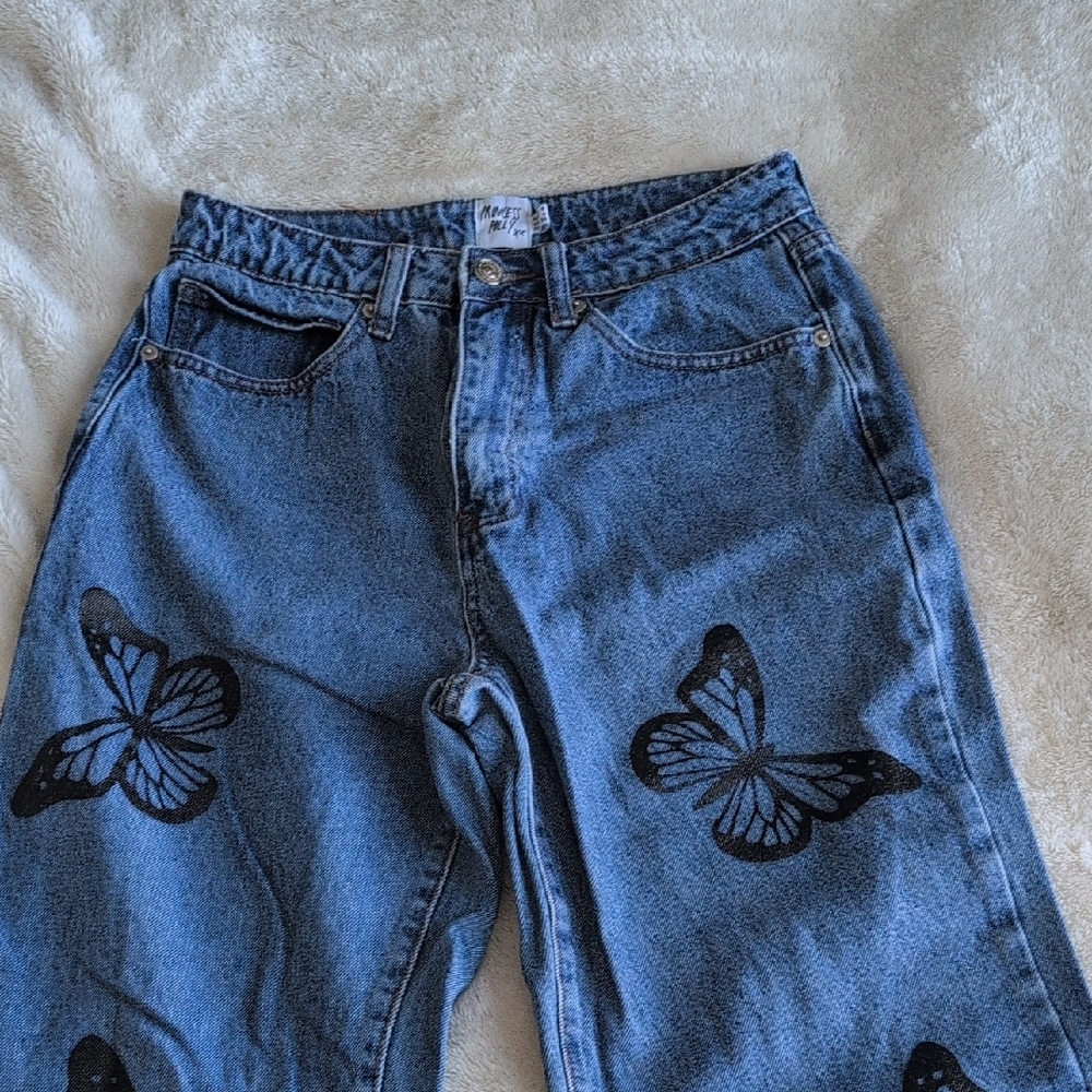 Princess Polly Blue and Black Straight Leg Jeans with Butterfly Design